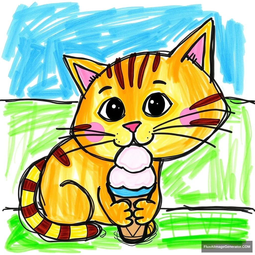 Cat eating ice cream, a crappy drawing by a 3 year old no Logo. - Image