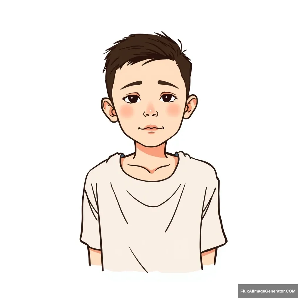 A portrait with a simple stroke style. A boy wearing a loose T-shirt, front facing photo. The art style is simple, with illustrations. Similar color combinations.