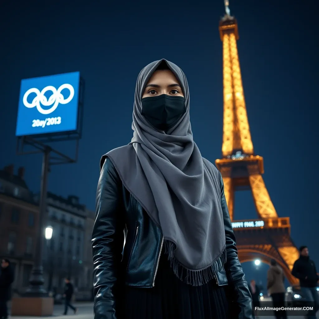 A biggest grey hijab Muslim girl, beautiful eyes, face mask black, black leather jacket, biggest longest skirt, standing near Eiffel Tower, theme Olympic logos, night scenery, hyper realistic, street photography.