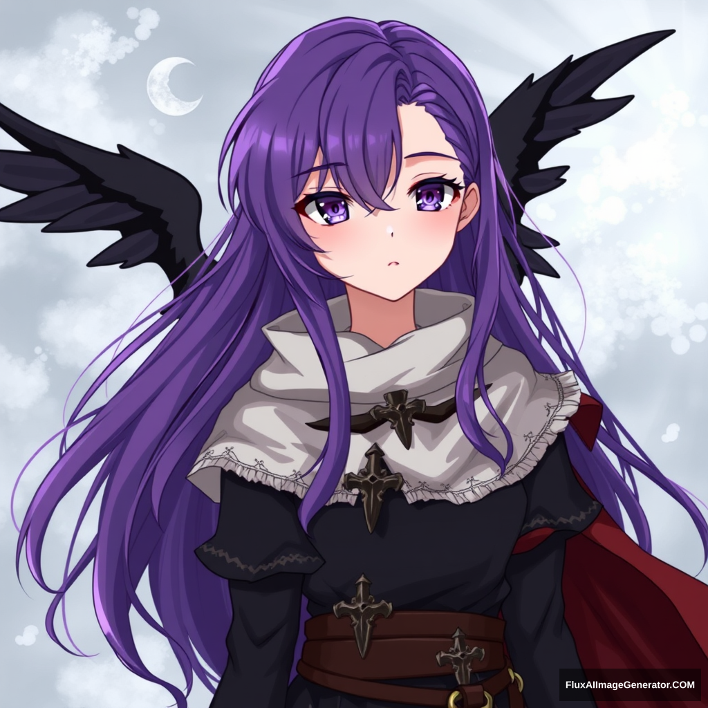 medieval, anime style, 1 height, 16 years old, long purple hair, black wings - Image