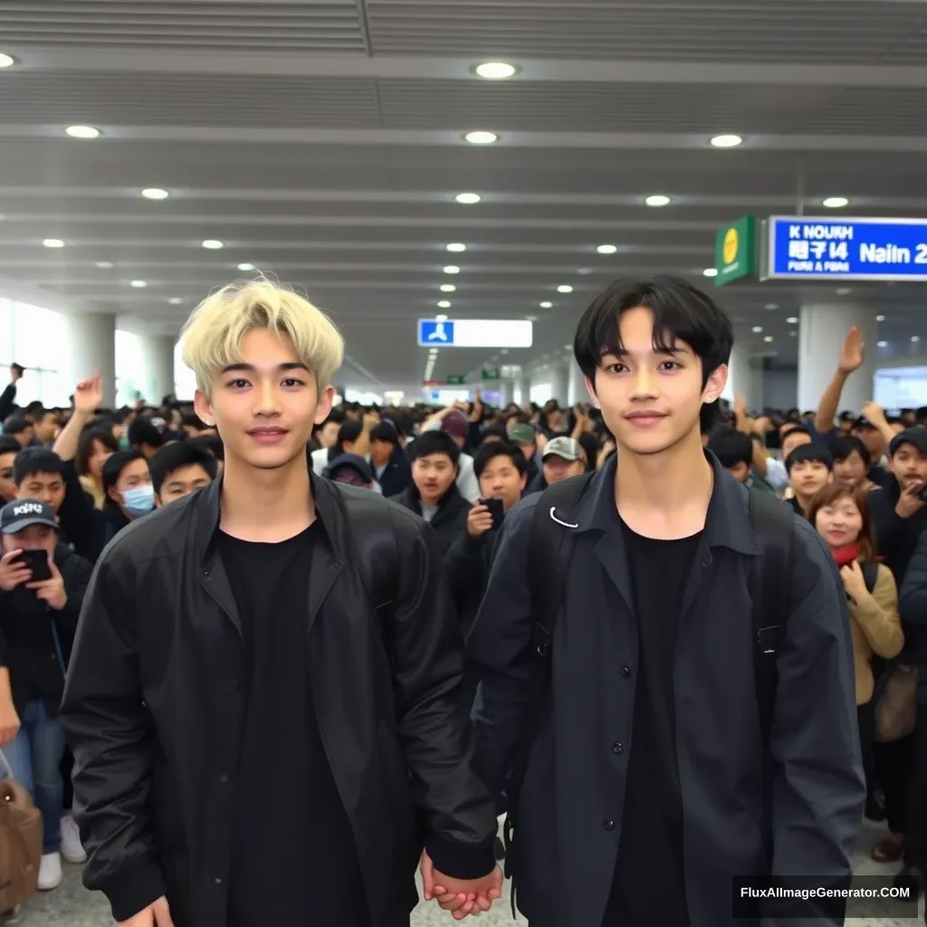 Curled, blonde, ear-length hair man and a man with low pony-tailed ebony hair holding each other's hands in front of a huge number of fans at the airport; both are in K-pop idol style, and the blonde man is taller than the other man.