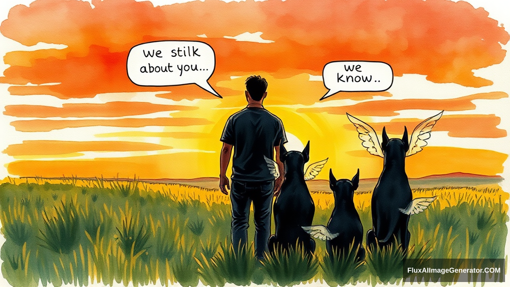 Messy hand drawn watercolor illustration: male figure in meadow at golden hour, silhouetted against vibrant sunset sky. Three ethereal ghostly winged canines, black and tan Doberman companions, sat beside, facing away from the viewer. Speech bubbles float above: "We still talk about you" (person), "we know" (dog). Nostalgic atmosphere, brushstrokes convey wistful longing.