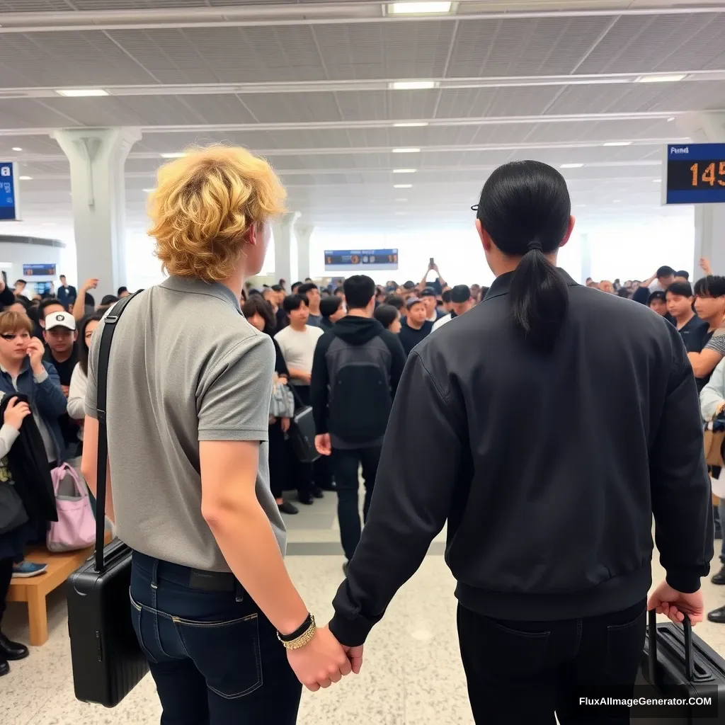 A man with curled, blonde, ear-length hair and a man with ebony hair in a low ponytail are holding each other's hands in front of a large number of fans at the airport, showing their backs. Both are styled like K-pop idols, and the blonde man is taller. - Image