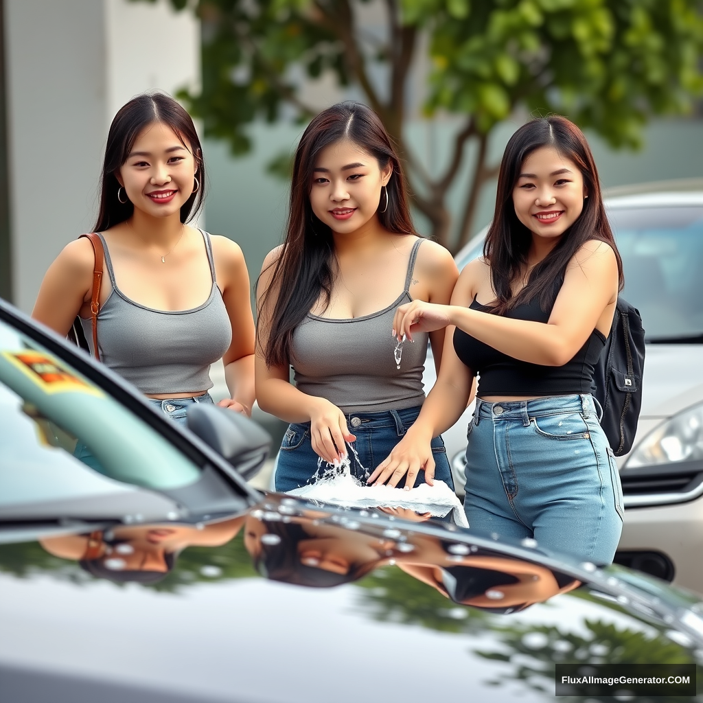 3 very large-breasted Asian female college students washing a car.