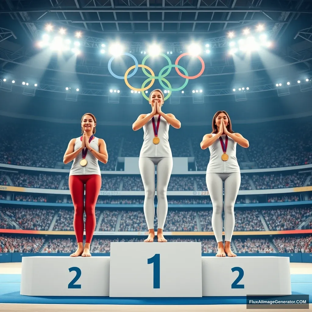 "Yoga has become an Olympic sport. So please draw three female yoga athletes standing side by side on the podium in the center of the Olympic arena, receiving gold, silver, and bronze medals. The pose for receiving the awards should be the Namaste position with hands gathered in front of the chest." - Image