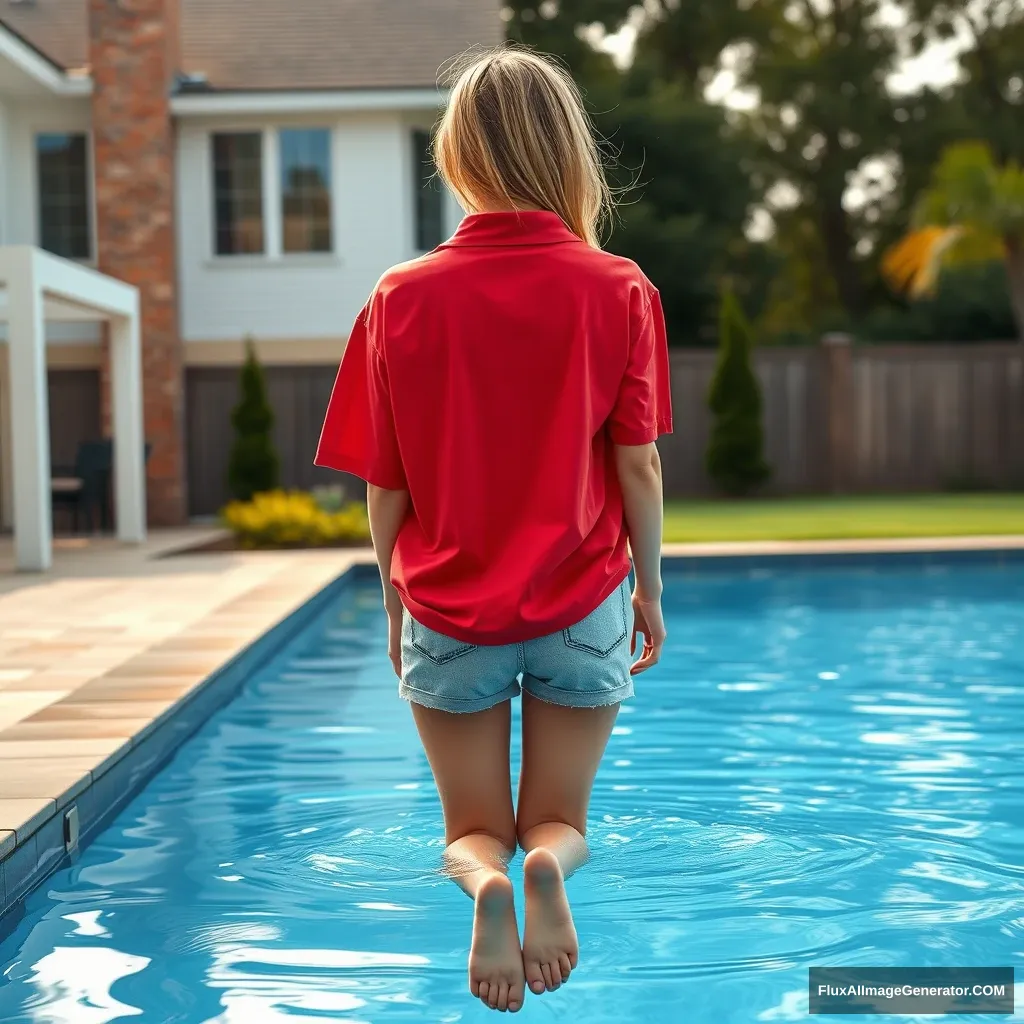 Back view of a young blonde skinny woman who is in her early twenties is in her massive backyard wearing a massively oversized red polo t-shirt which is a bit off balance on one of the shoulders and the bottom part of her t-shirt is tucked in on all sides. She is also wearing M sized light blue denim shorts and she is wearing no shoes or socks. She dives into her pool head first. - Image