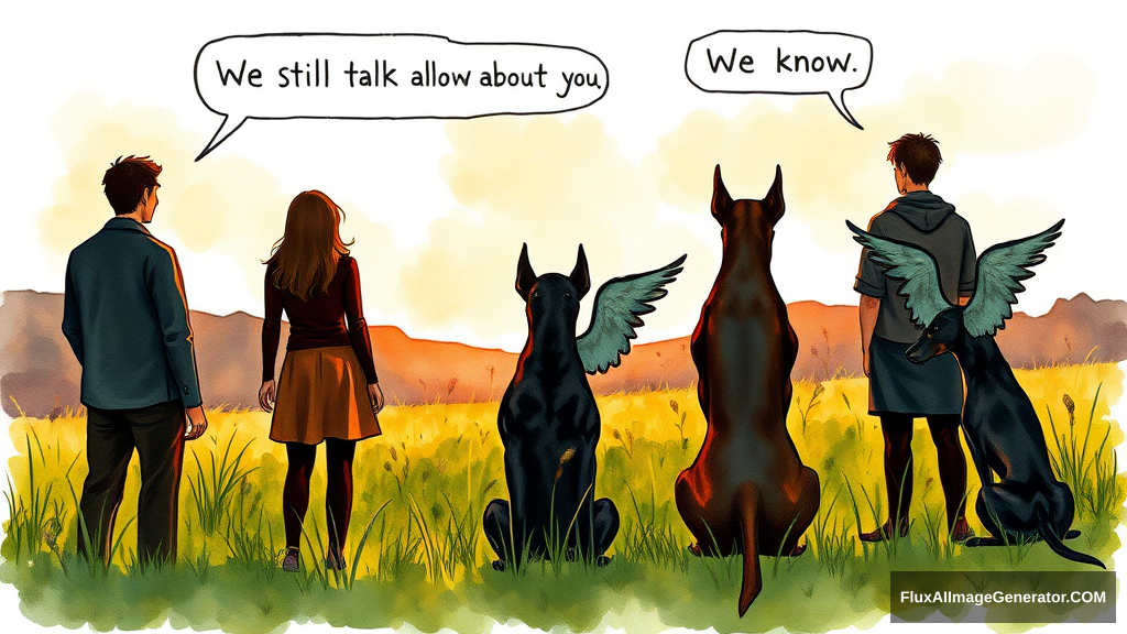 Messy, expressive watercolor illustration: 4 silhouetted figures—2 male, 2 female—stand in a lush meadow at golden hour. 3 ethereal, winged dobermans sit beside them. Facing away from the viewer. Speech bubbles float above: "We still talk about you" (human), "We know" (dog). Nostalgic atmosphere, loose brushstrokes convey wistful longing. - Image