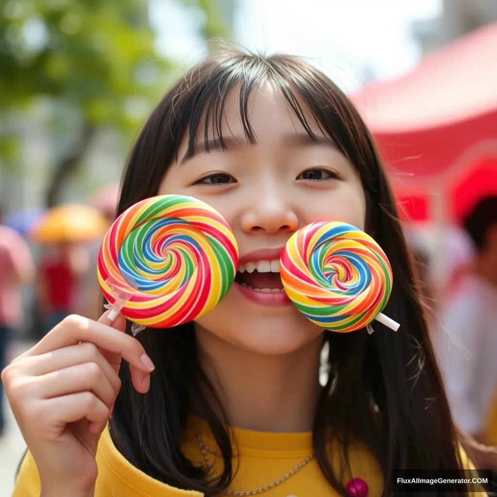 Asian girl eating rainbow-colored lollipops deliciously. - Image