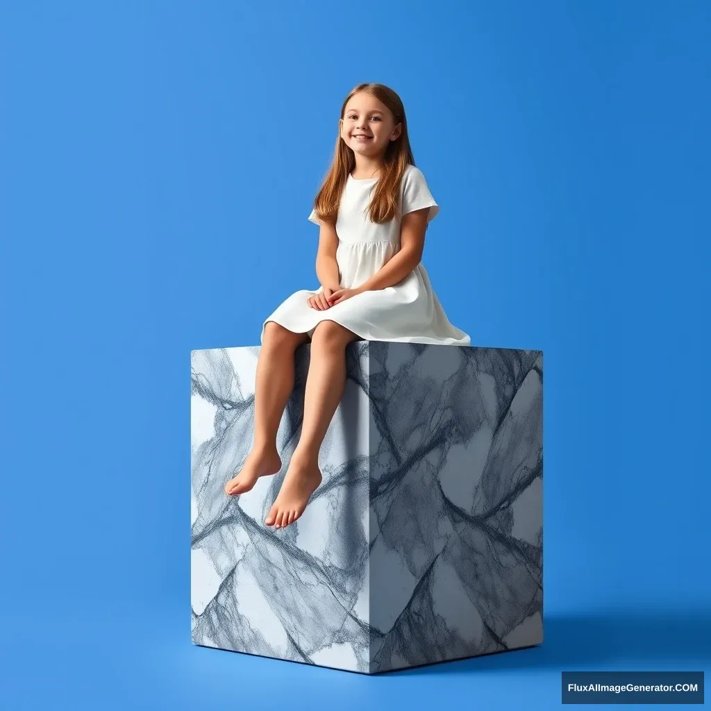 A girl sitting on a giant cube in a white dress with her legs crossed, with a blue background, a marble sculpture, promotion image.