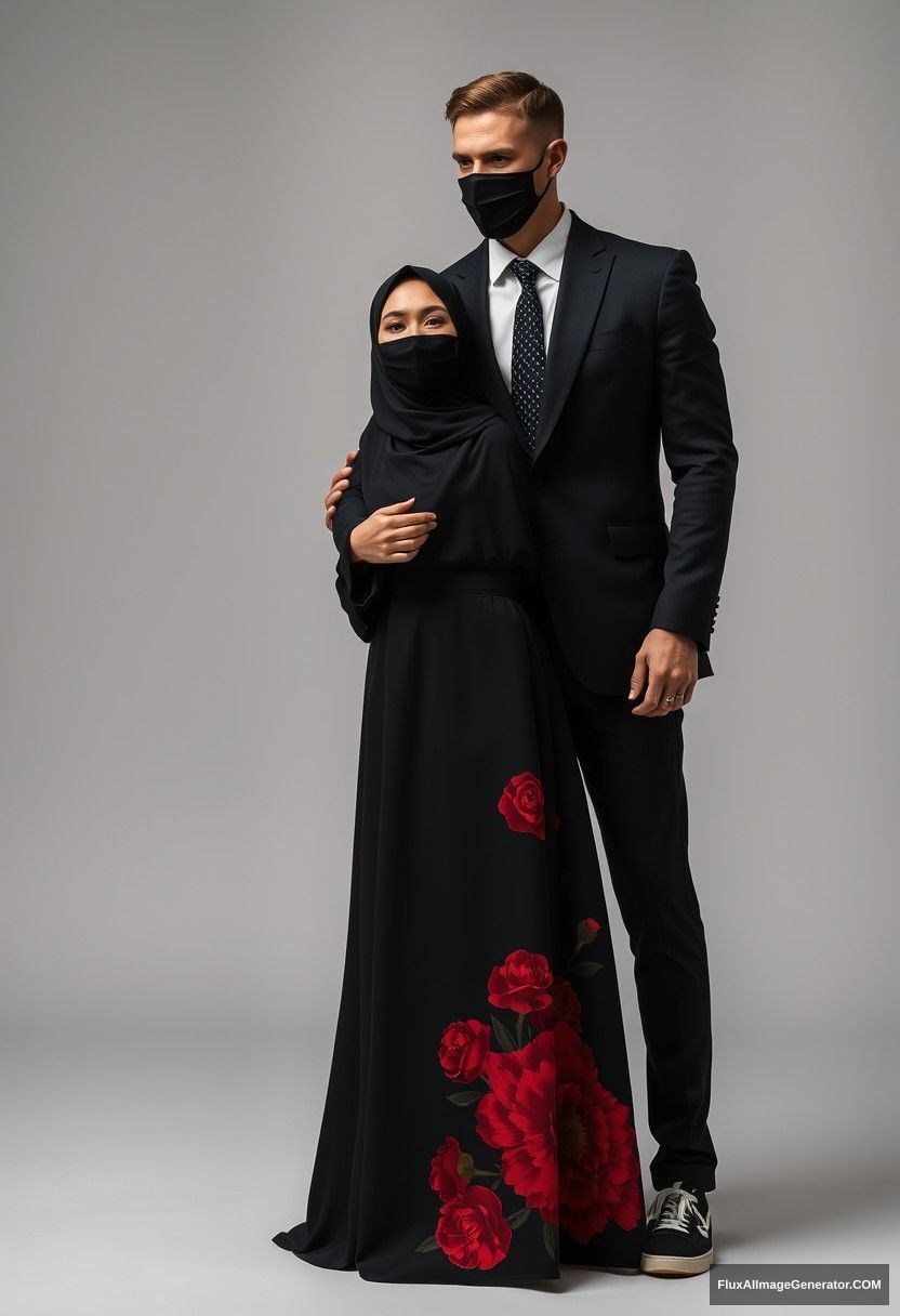 A big black hijab girl with beautiful eyes and a black face mask, wearing the longest gown dress with the biggest red floral design, not very tall, standing near him, lovingly holding his arm.

Jamie Dornan's body and face shot, handsome, young, wearing a black face mask, fit and tough body, black coat suit, white shirt, black patterned tie, tall man, in sneakers, lovingly standing near her.

Hyper-realistic, studio photography, photorealistic.