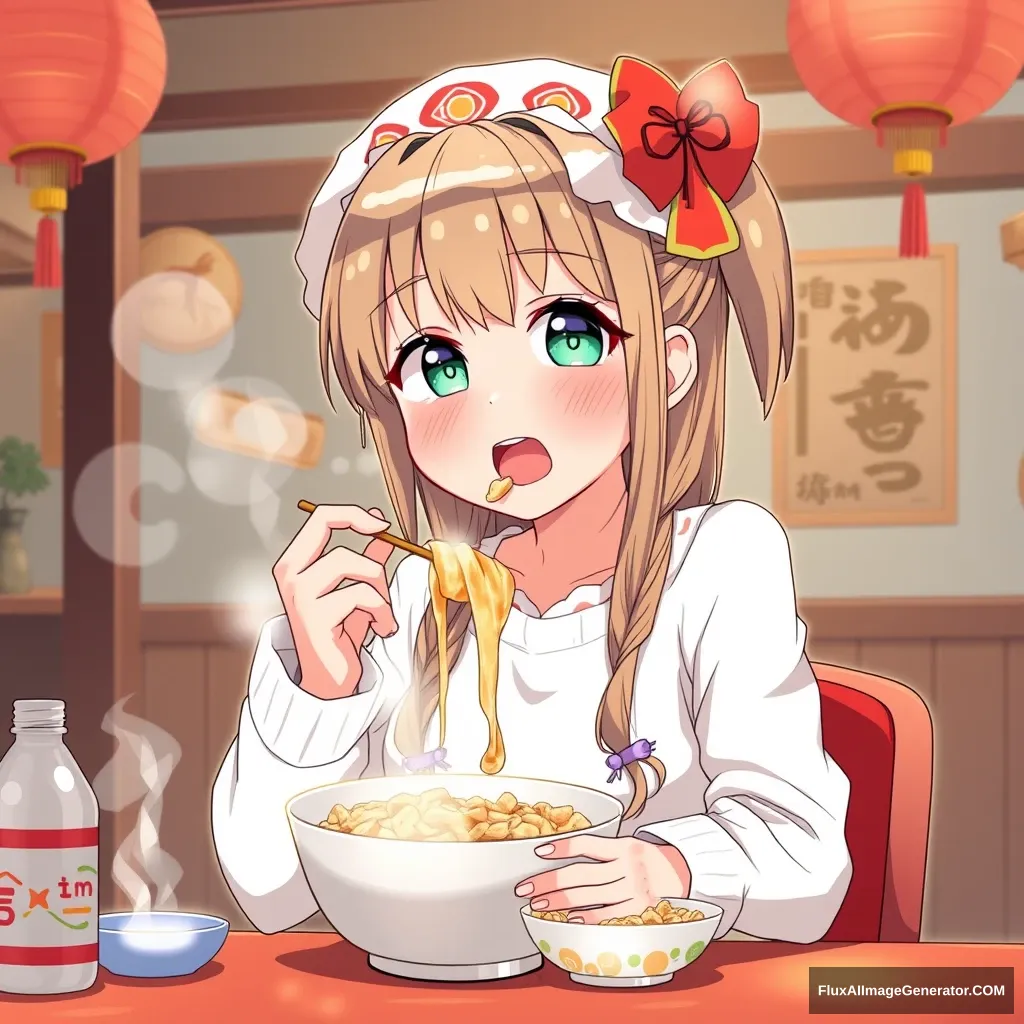 Anime girl eating Chinese food.