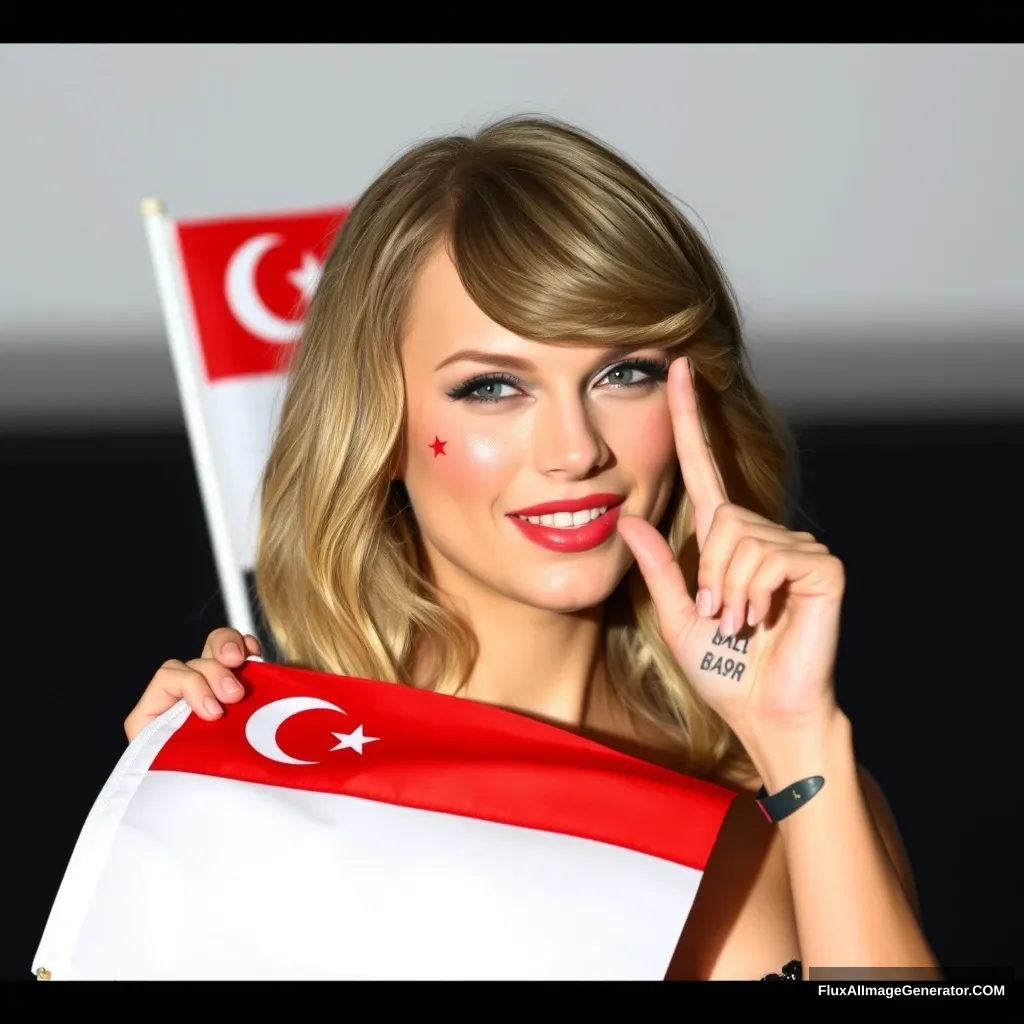 Taylor Swift holding and waving a Singapore flag. She has a Singapore flag tattooed on her face. - Image