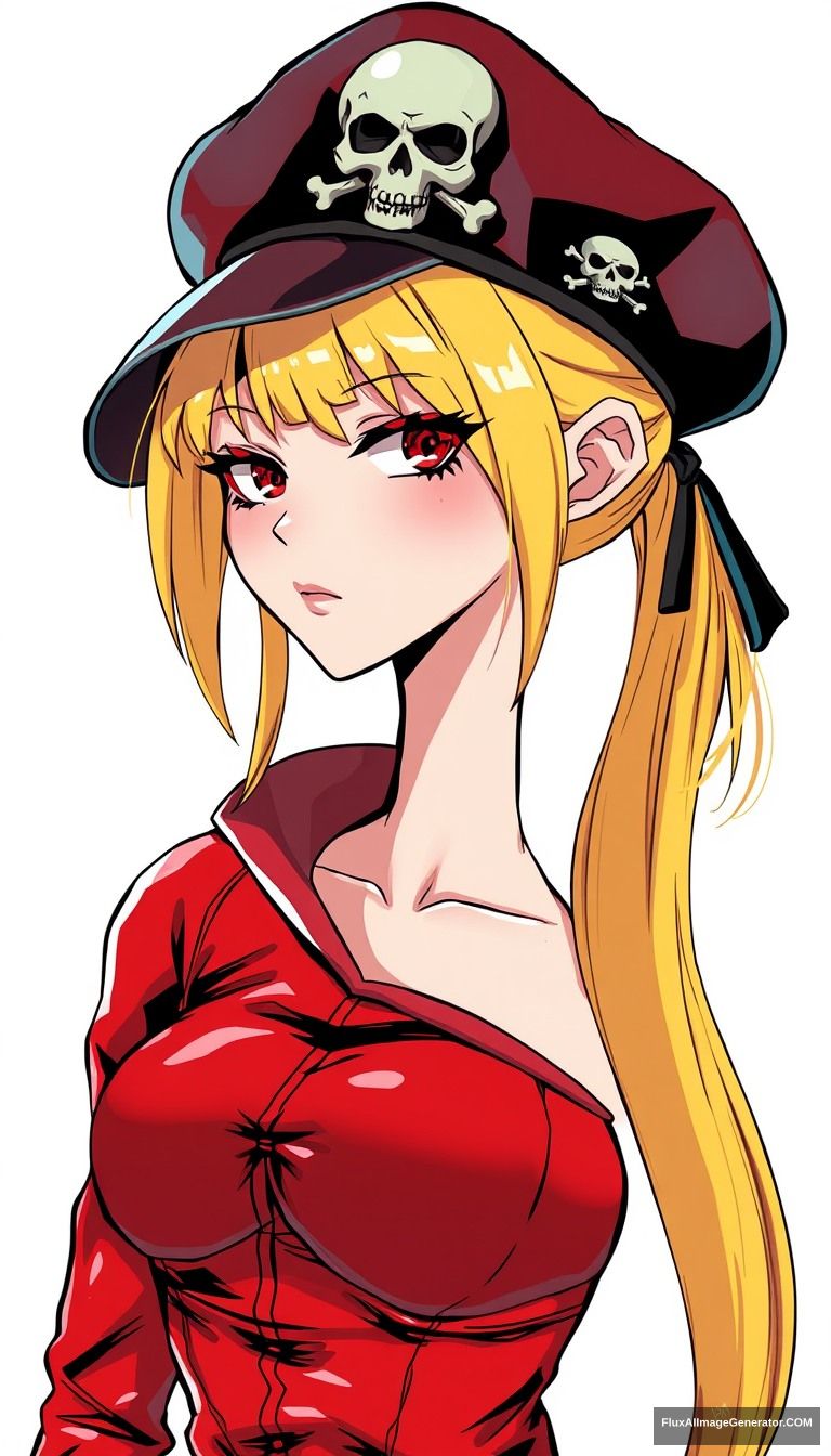 Female, feel like a villain, long face shape, anime style, super glamorous space female pirate wearing a beret with a skull decoration on her head, clothes made of shiny vinyl, red spacesuit, ponytail hairstyles, full upper body, the background is a simple white color, gold hair color, feel like a villain.