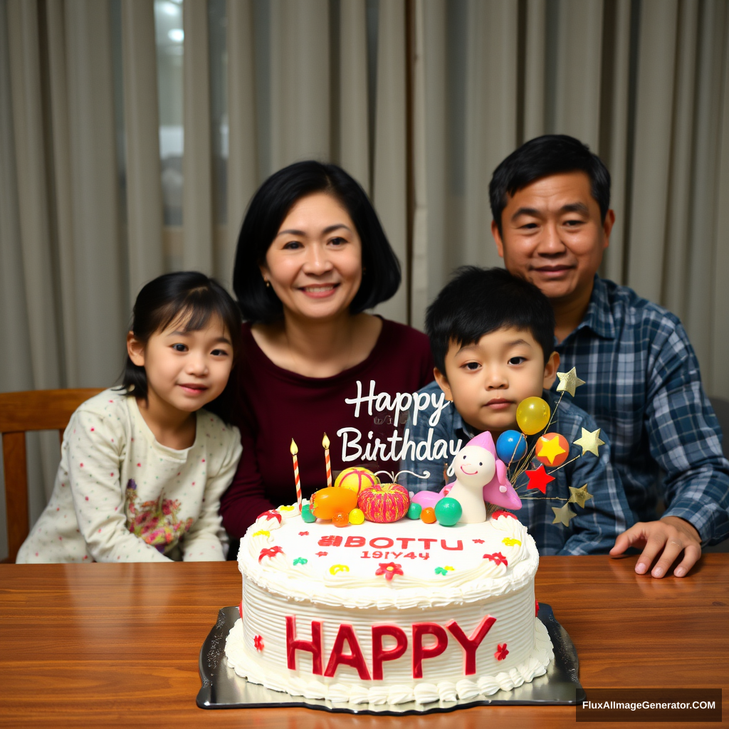 Four Chinese people are sitting behind the table. The person in the middle is a mother who is about 35 years old. Sitting on the right side of the mother is a father who is about forty years old and his son who is about ten years old. The daughter, who is about eight years old, is sitting to her left. There is a beautifully decorated birthday cake on the table. There is a decorative plaque on the top of the cake that reads "Happy Birthday," with balloons and star-shaped decorations next to it. The word "HAPPY" is on the front of the cake, and colorful decorative balls and stars are placed around it.