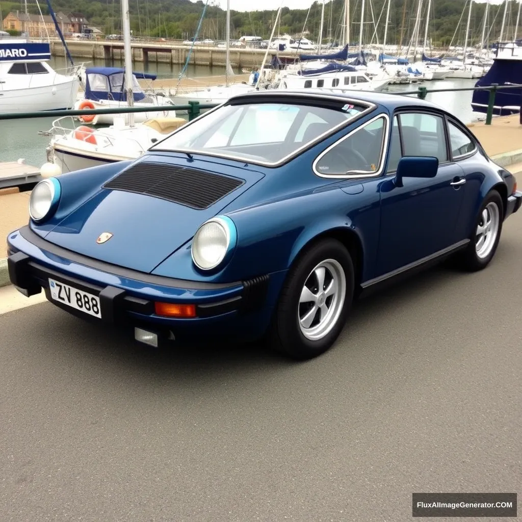 Porsche 911 SC Coupe 1977 in dark petrol blue with silver cookie cutter wheels. The car has no spoiler. The registration plate is ZV 8888. The car is parked overlooking a marina. - Image