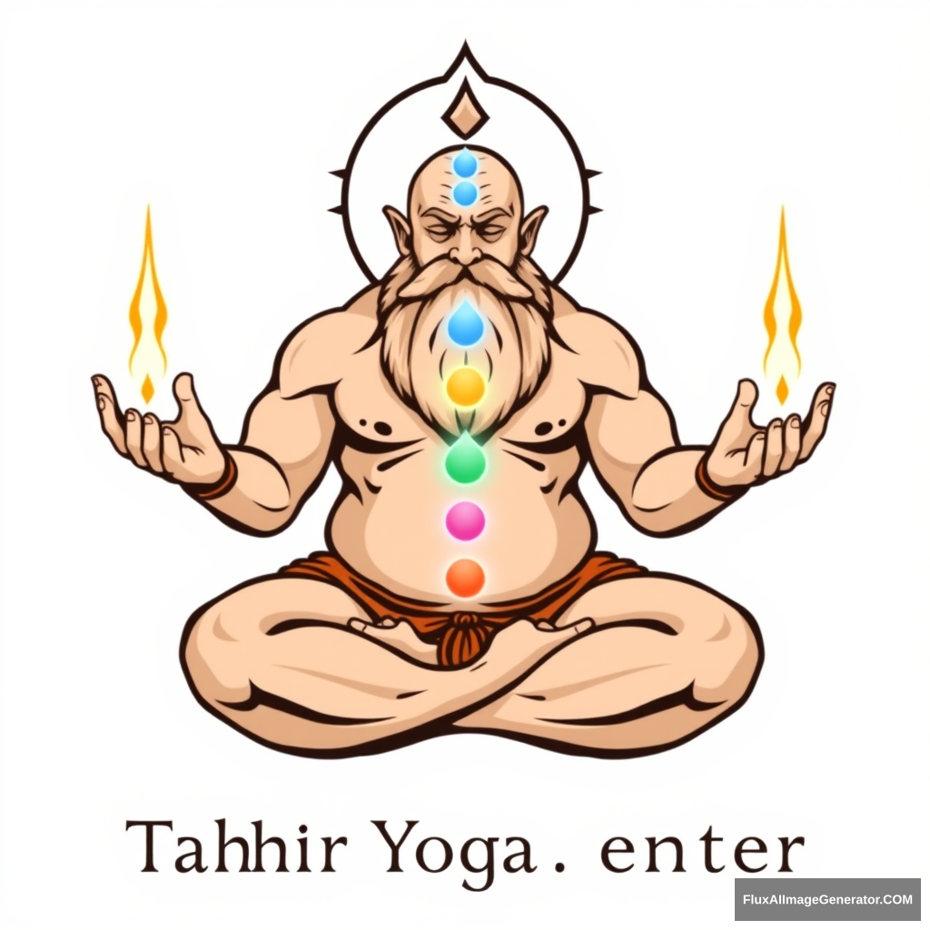 Tahir Yoga Center logo: a muscular large bald dwarf with a beard in the lotus position exchanges energies from chakras to chakras with a woman.