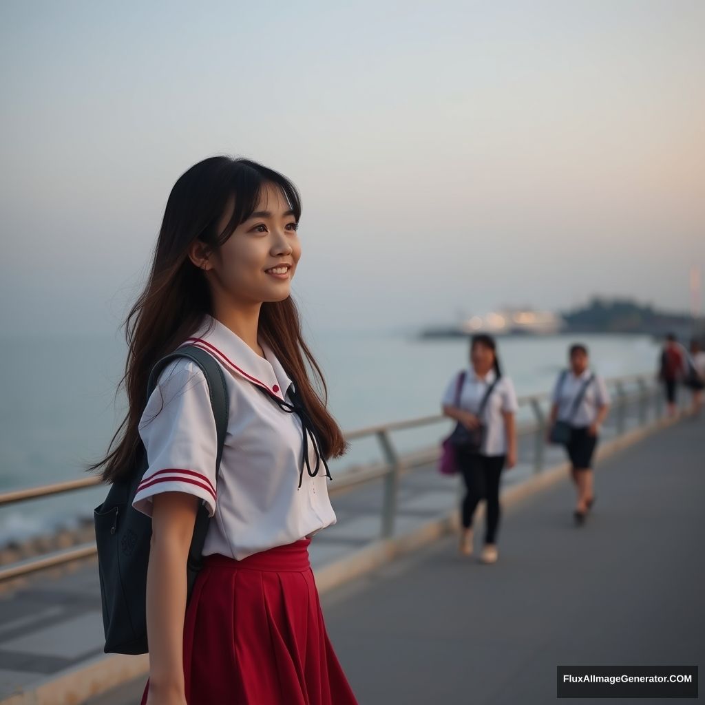 A female student walking by the seaside, beach, dusk, Chinese people, street, Chinese school uniform.