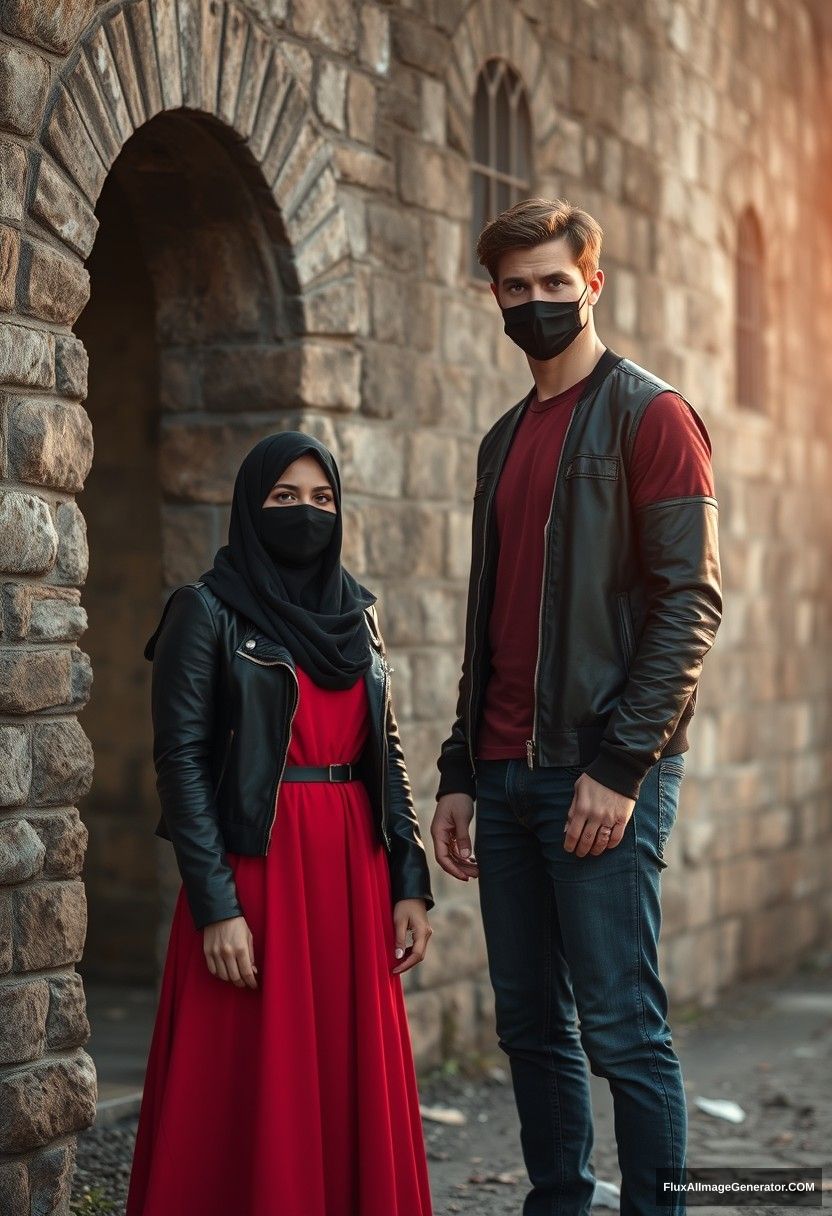 A biggest black hijab girl, beautiful eyes, face mask black, black leather jacket, biggest red longest dress, not tall,

Jamie Dornan, handsome, face mask black, fit and tough body, metal red t-shirt, black leather jacket, jeans, tall man,

standing near wall together,
Hyper realistic, photorealistic, street photography, Victoria's abandoned castle, sunrise. - Image