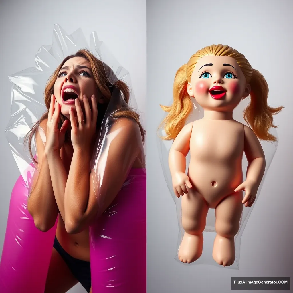 The photograph clearly depicts a glamour model panicking and freaking out as she is turned into an inflatable doll from left to right with stark contrast. - Image