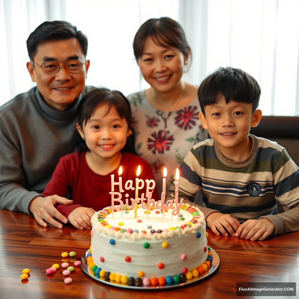 A birthday cake is placed on the table with the words "Happy Birthday" written on it. There are four Chinese people sitting behind the table. The person in the middle is a mother who is about 35 years old. Sitting on the right side of the mother is a father who is about forty years old and his son who is about ten years old. The daughter who is about eight years old is sitting on the left side of the mother. The cake is decorated with colorful candies and candles. Some candies were scattered on the table, adding to the festive atmosphere of the birthday celebration. - Image