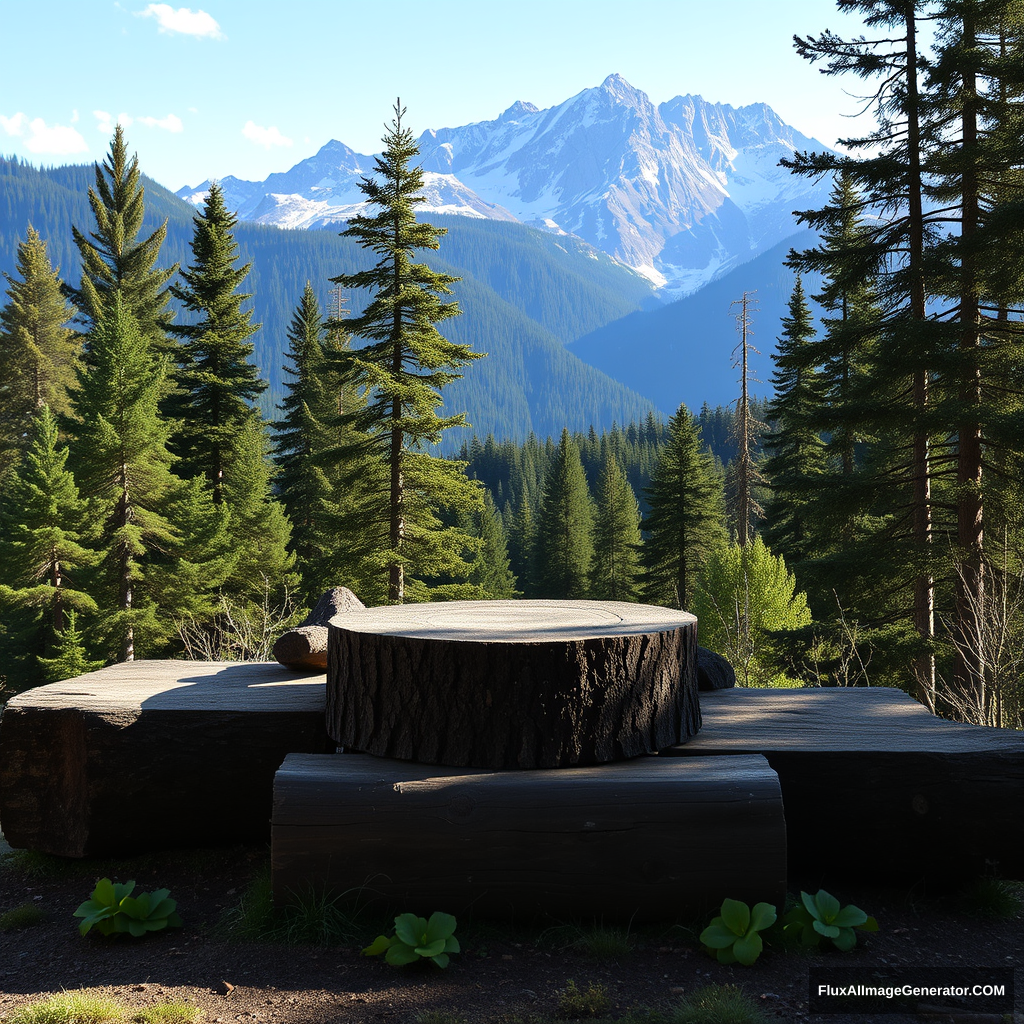 podium log, forest and mountains in the background