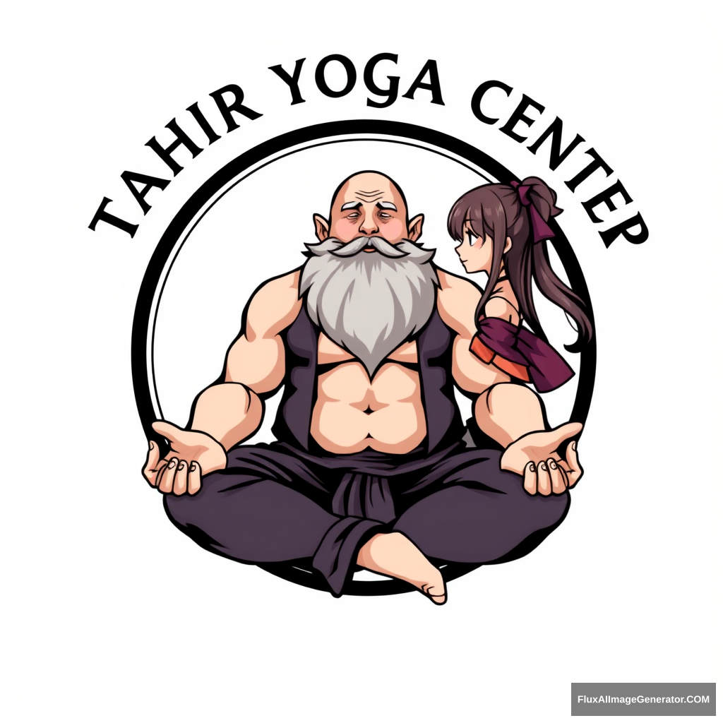 "Tahir Yoga Center" logo: a muscular large bald dwarf with a beard in the lotus position flirts with an anime girl.