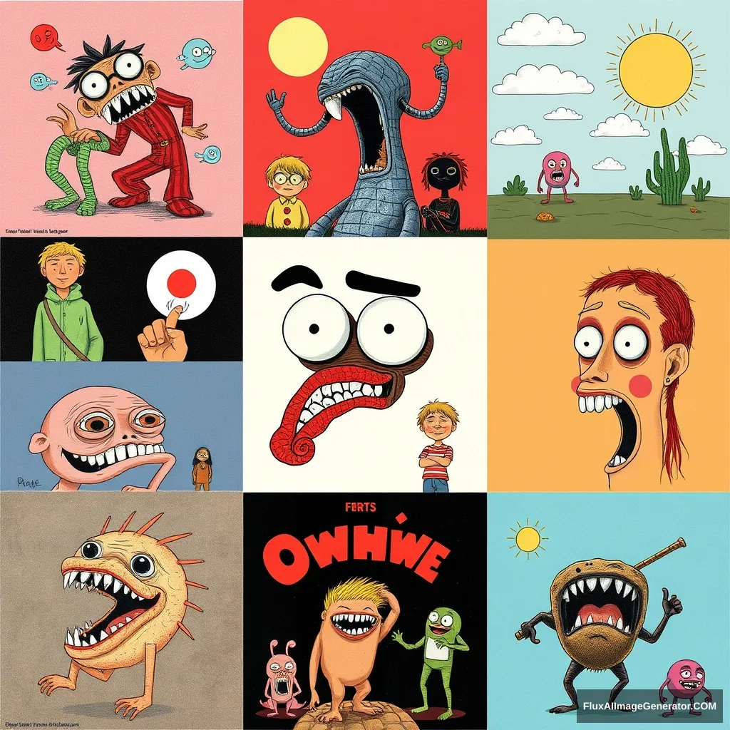 Collage of different crazy weird illustrations. - Image