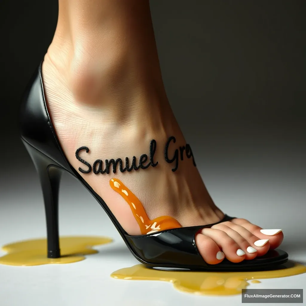 The name "Samuel Greg" on a woman's foot in a black high heel. There is oil all over the foot.