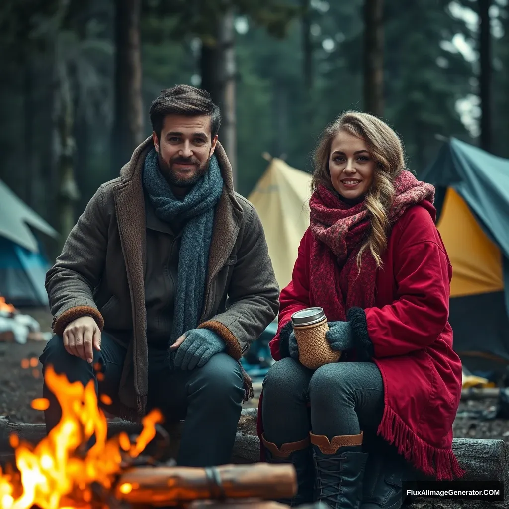 A man and a woman, dressed in many clothes, warm themselves by a campfire, surrounded by trees and tents, and the overall feel is cinematic.