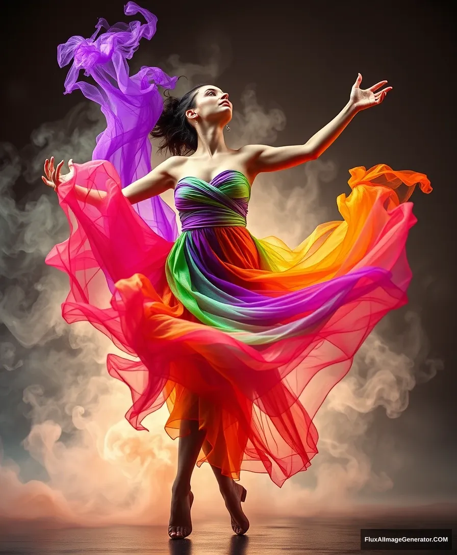 An image of a vibrant, artistic portrayal of a woman dancing, surrounded by a swirl of vivid, multicolored smoke-like fabric. Her dress flows around her in a spectrum of colors, including purple, green, orange, and pink, mirroring the fluidity of her movement. The dancer's pose is dynamic and expressive, with her arms elegantly extended and her head tilted back in a posture of freedom and abandon. The background is muted with soft, indistinct shapes that suggest a dreamlike or abstract setting, allowing the colors of the dress and the dancer's graceful form to be the focal points of the composition. Intricate, exquisite details and textures, sharp focus, high resolution, detailed eyes, 8k uhd, nikon d850, high quality, film grain, hyper realistic skin (detailed skin:1.3). - Image