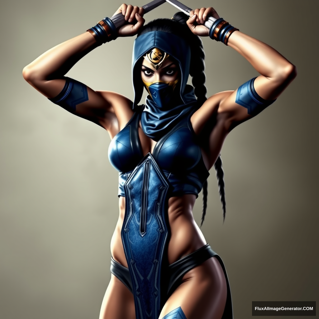 Kitana from Mortal Kombat, thin and toned, arms crossed above her head with weapons in her hands, hyper realistic photo.