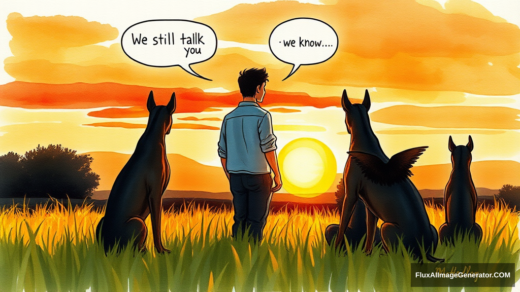 Messy hand drawn watercolor illustration: male figure in meadow at golden hour, silhouetted against vibrant sunset sky. 3 Winged canines black and tan doberman companions sat beside. facing away from the viewer, Speech bubbles float above: "We still talk about you" (person), "we know" (dog). Nostalgic atmosphere, brushstrokes convey wistful longing.