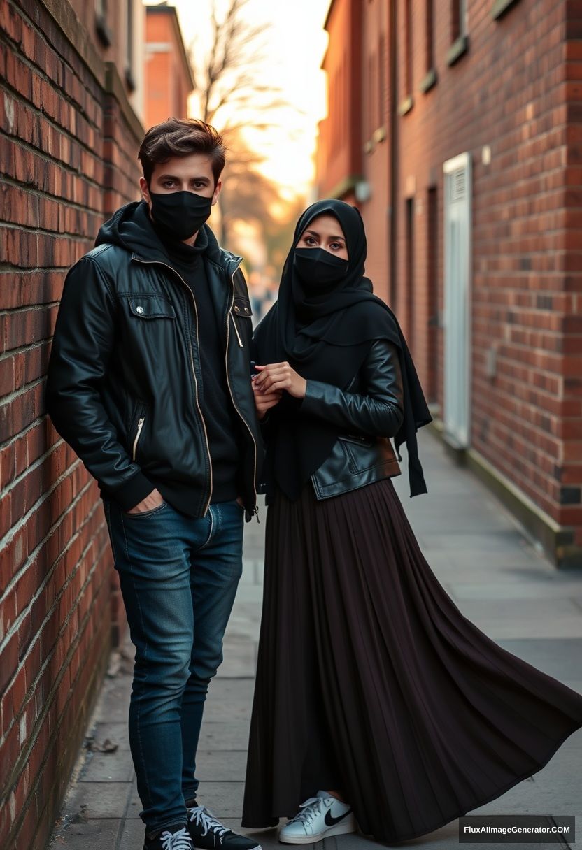 Jamie Dornan, handsome, young, black face mask, collage jacket, jeans, dating a romantic love with the biggest black hijab Muslim girl, beautiful eyes, black face mask, black leather jacket, sneakers, the biggest longest skirt standing by a brick wall, town, morning scenery, photorealistic, street photography. - Image