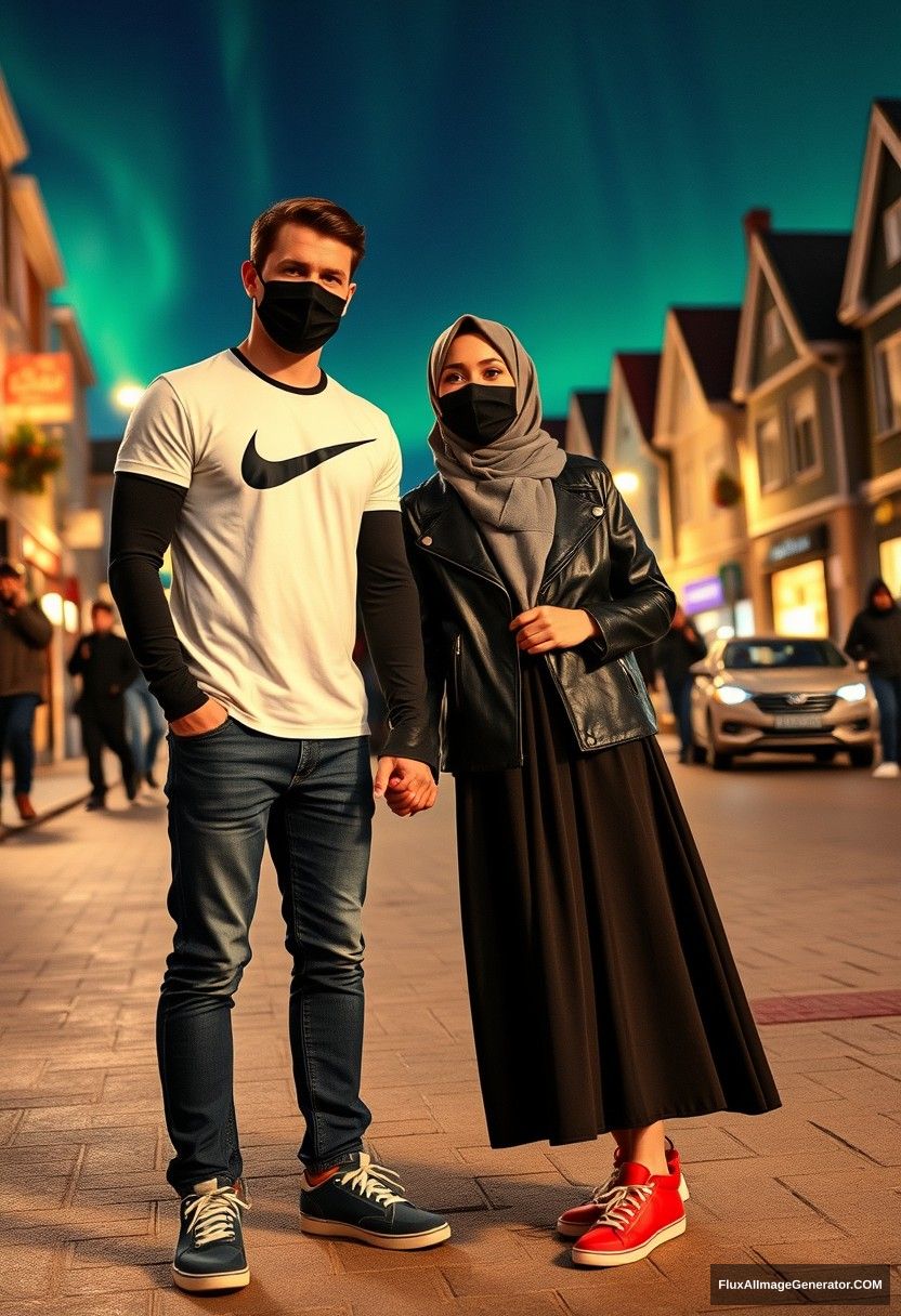 Jamie Dornan, tall and handsome, wearing a black face mask, long sleeve white Nike t-shirt, jeans, and sneakers, is on a romantic date with a Muslim girl in a grey hijab. She has beautiful eyes, wears a black face mask, a leather jacket, and the longest and biggest skirt. She is not tall and is wearing red sneakers. They are holding hands and standing together in town, captured in photorealistic street photography, full photography, and selfie photos, with a night scenery and aurora in the background. - Image