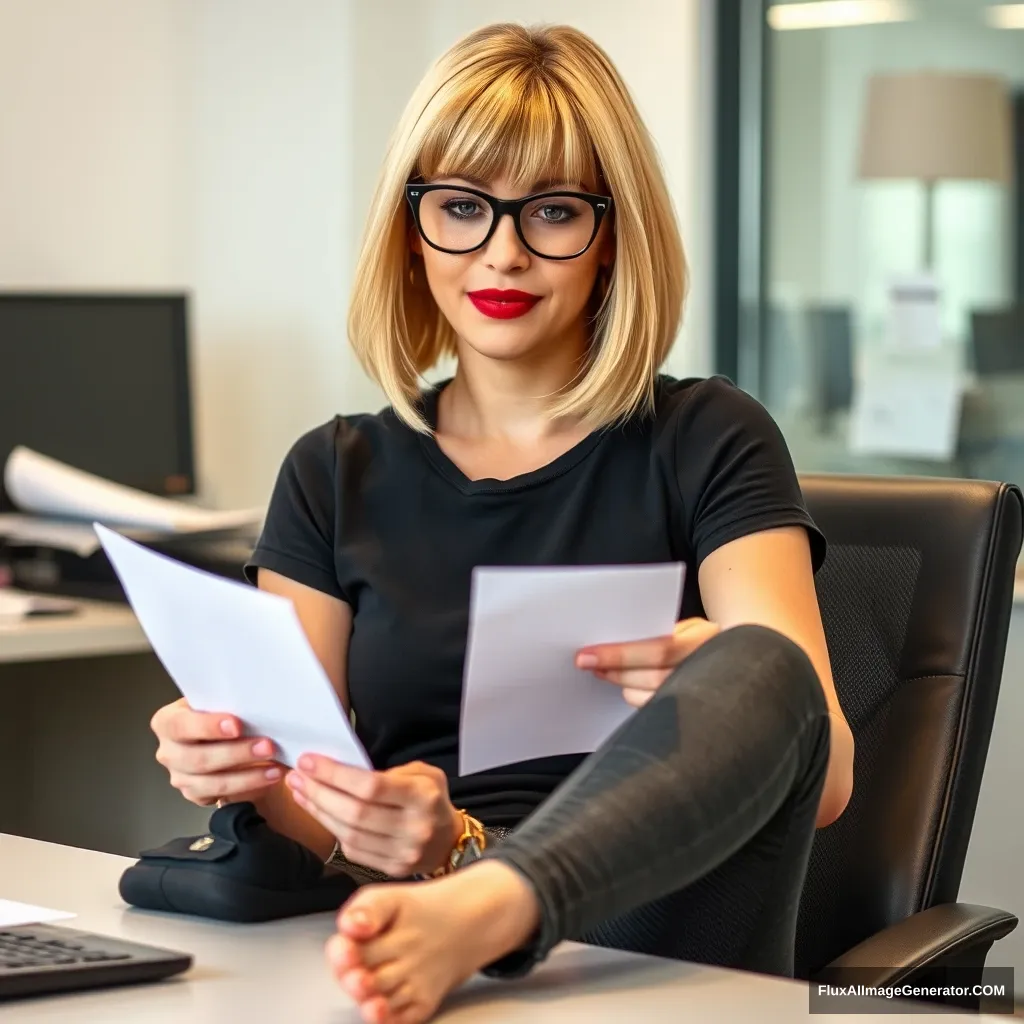 A woman with a blonde bob haircut, wearing black-rimmed glasses and red lipstick, is in her 30s, sitting at her desk in an office and reading a note. She is dressed in skinny dark grey jeans and a black t-shirt. She has her feet resting on the table, and we can see her toes. - Image