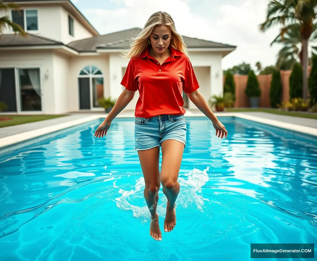 Front view of a young blonde skinny woman who has a good tan is in her early twenties in her massive backyard wearing a massively oversized red polo t-shirt, which is a bit off balance on one of the shoulders, and the bottom part of her t-shirt isn't tucked in but it's also not that long. She is also wearing M-sized light blue denim shorts and she is wearing no shoes or socks. She jumps into the pool with her arms at her sides and a big splash from her legs going underwater.