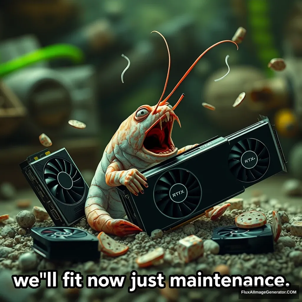 The shrimp is sitting there freaking out and throwing RTX 4090 and H100 video cards around, screaming. The text "we'll fix it now, just maintenance" is written along the outline of the image along the frame.