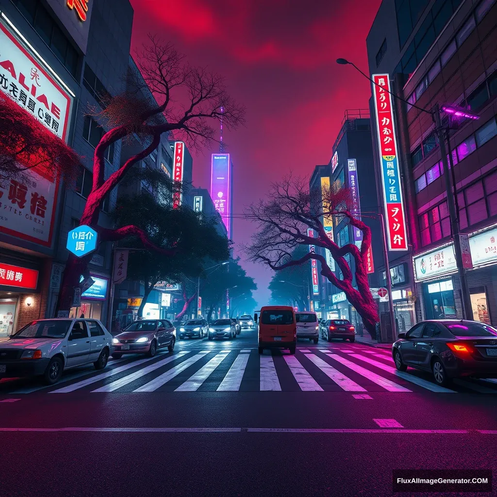 A cyberpunk style video game concept design picture, wide-angle shot, Shibuya Scramble Crossing, Ghostwire Tokyo, night scene, crosswalk line, abandoned vehicles, red Lycoris, blue and purple neon lights, savage vines grow and attach to buildings, trees, sky is dyed red.