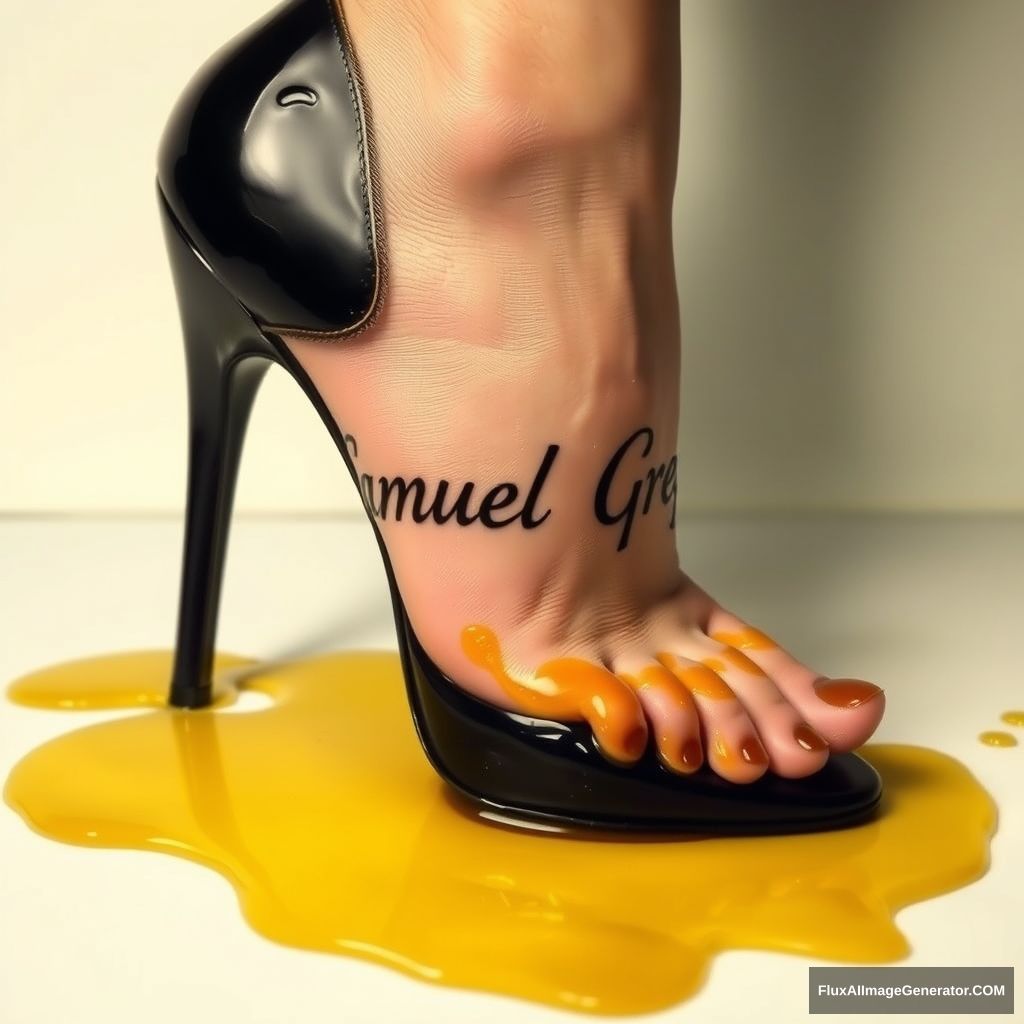 The name "Samuel Greg" on a woman's foot in a black high heel. There is oil all over the foot.