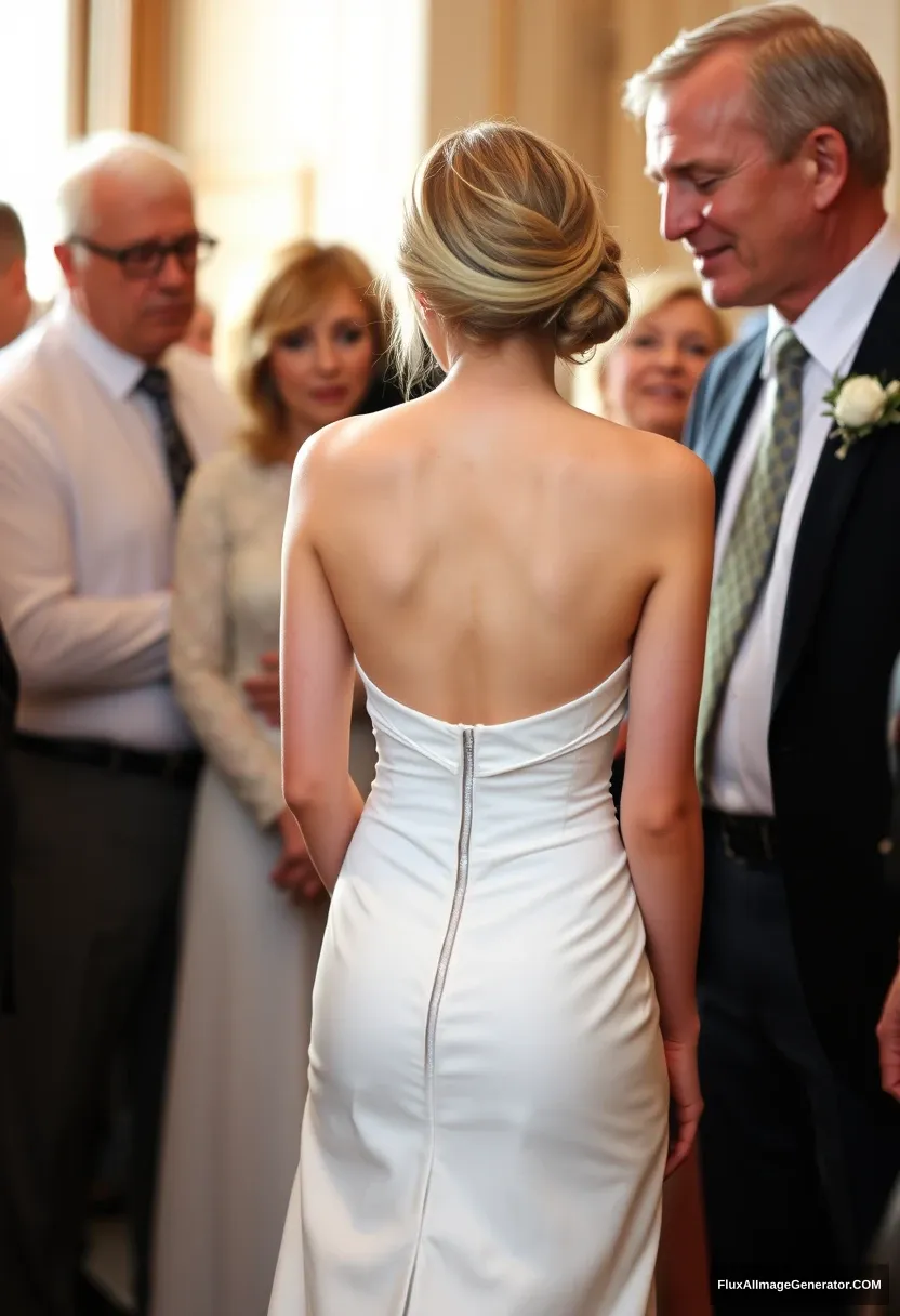 A short young woman, sensitive, delicate, backless strapless side-less low-waisted contouring wedding dress with a loose front and an open rear. Fawning obediently mingling with fathers. Expectations. Perfect posture. Pale skin.