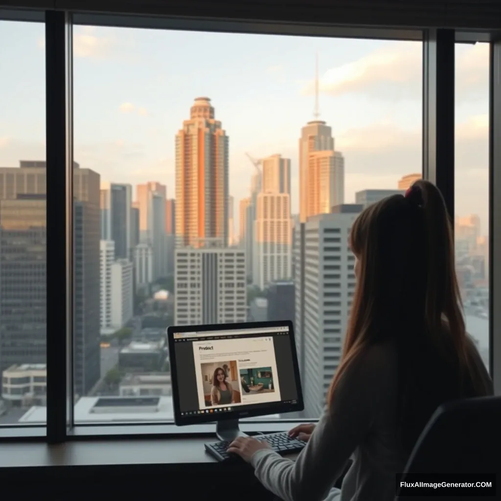 Outside the window are tall buildings and office towers, while inside, a girl with long hair is sitting in front of a computer, which displays a product document.