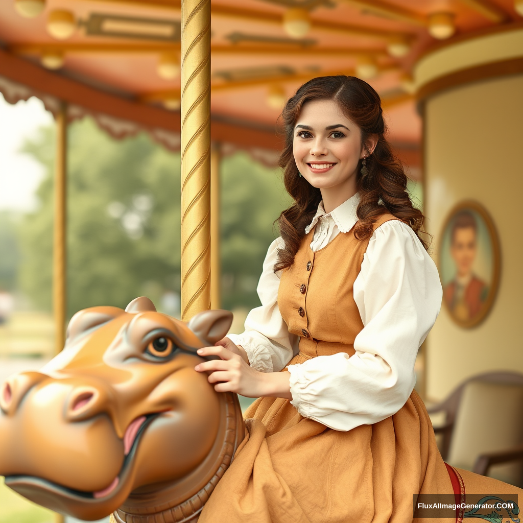 Pretty 35-year-old mother in 1880s era tan dress and white blouse, riding a hippo carousel ride, children's illustration. - Image