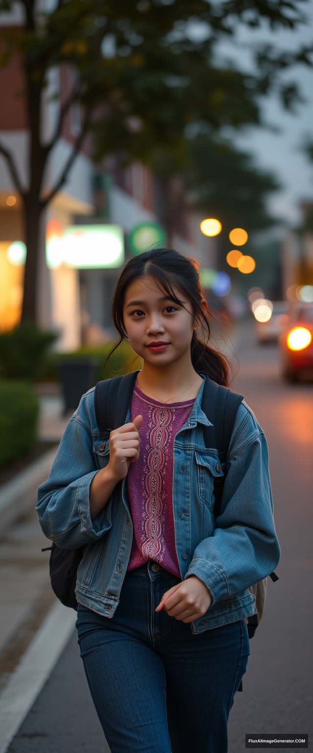 A female high school student on her way home from school, in the late evening, of Asian descent.