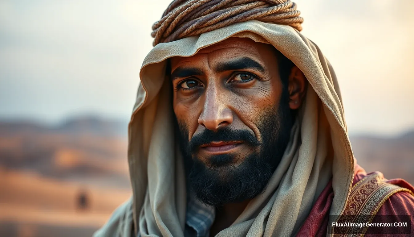 Portrait of Tamim ad-Dari, an Arab man from the Lakhm tribe, dressed in traditional desert robes of the early 7th century, with a serene and wise expression, set against a backdrop of a Middle Eastern desert landscape. Ultra HD, realistic, cinematic lighting.