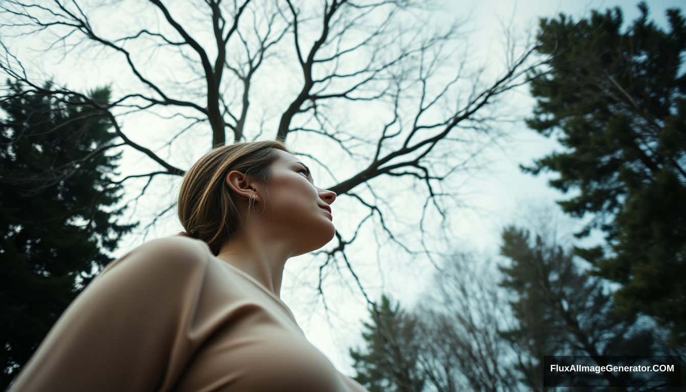 Low angle, wide shot. A woman is looking at the tree without leaves.