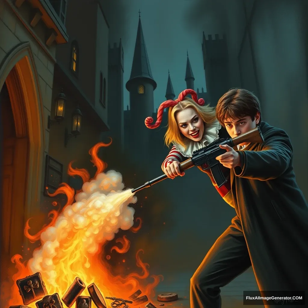 I want a painting of Scarlett Johansson wearing a clown costume while putting out a fire at Hogwarts. While doing so, Harry Potter is trying to prevent her from doing so using an AK47. - Image