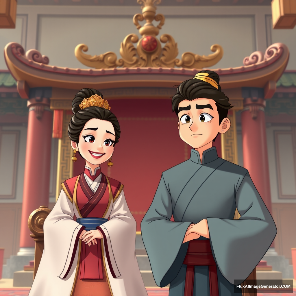 A middle-aged woman, a young man, the woman sits on the throne, the man stands in front of the throne, the woman smiles, the man looks haughty, during the day, in the grand hall of the palace, Chinese ancient style, Chinese ancient style, animation style. - Image