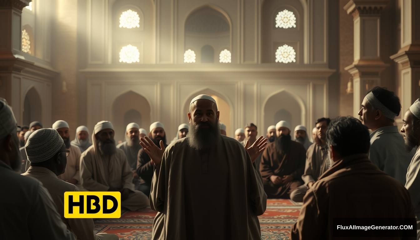 Prophet Muhammad (SAW) addressing his companions in a mosque, explaining the signs of Dajjal. The scene is filled with calm yet serious expressions, emphasizing the importance of the message. Ultra HD, realistic, respectful, with soft and cinematic lighting. - Image