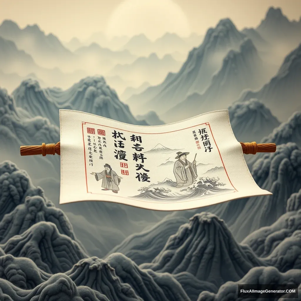 China-Chic style, felt material, an open scroll floating in the air, with some ancient characters on it. On the open scroll stand several ancient poets, with illustrations of mountains and rivers in the background. Featuring undulating mountains, silk, macro, high-definition surrealism, long waves, fresh and elegant customs, white and golden tones, macro perspective.