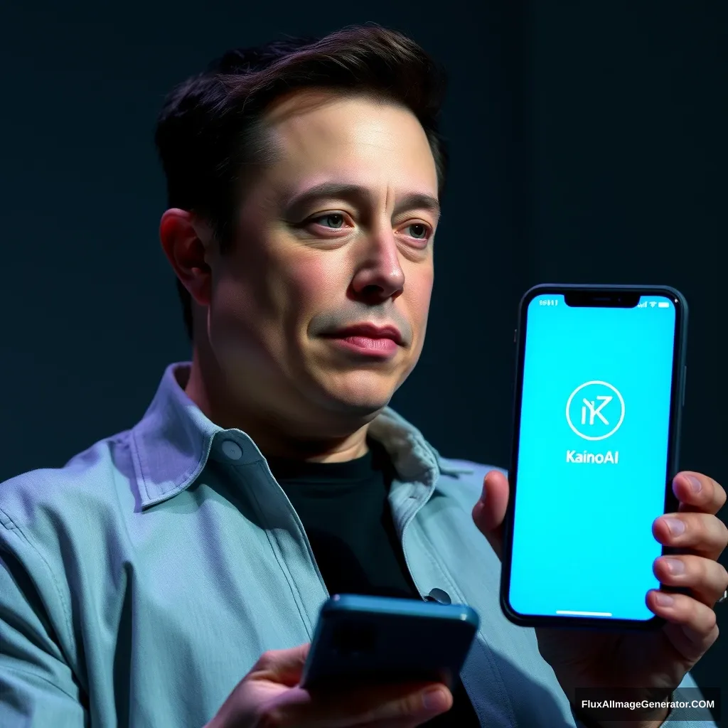 Elon Musk sostiene un teléfono y la pantalla del teléfono muestra la aplicación KainoAI; la aplicación tiene un estilo azul.